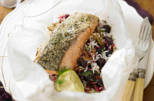 Steamed Salmon with Spiced Beetroot and Dill
