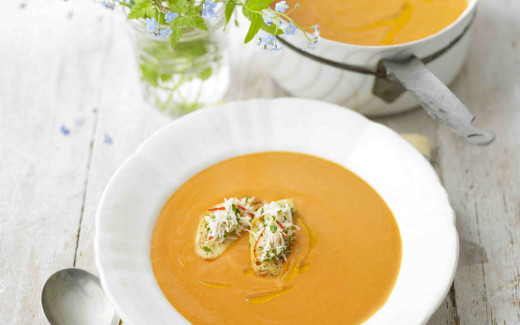 Creamed Tomato and Orange Soup with Fresh Crab Croutes