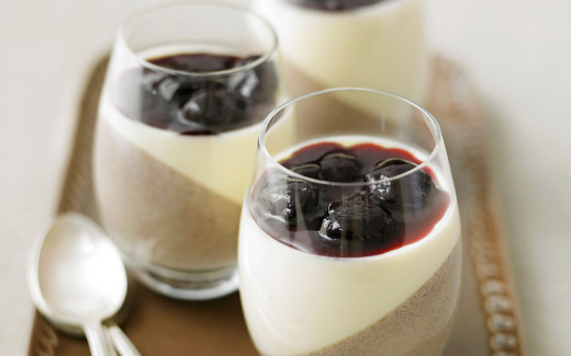 Chocolate and Vanilla Panna Cotta with Cherry Chocolate Sauce