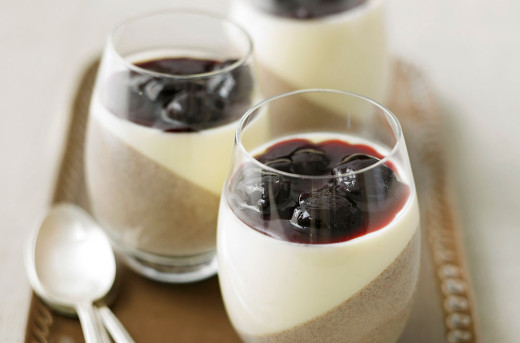 Chocolate and Vanilla Panna Cotta with Cherry Chocolate Sauce