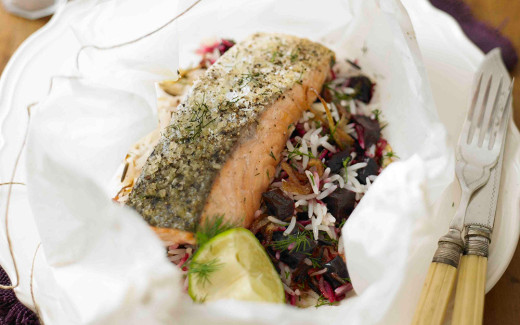 Steamed Salmon with Spiced Beetroot and Dill