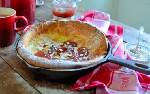 Baked Rhubarb & Strawberry Clafoutis Pancake