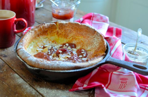 Baked Rhubarb & Strawberry Clafoutis Pancake