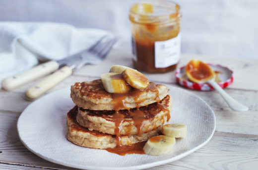 Banana Buttermilk Pancakes with Toffee Apple Sauce
